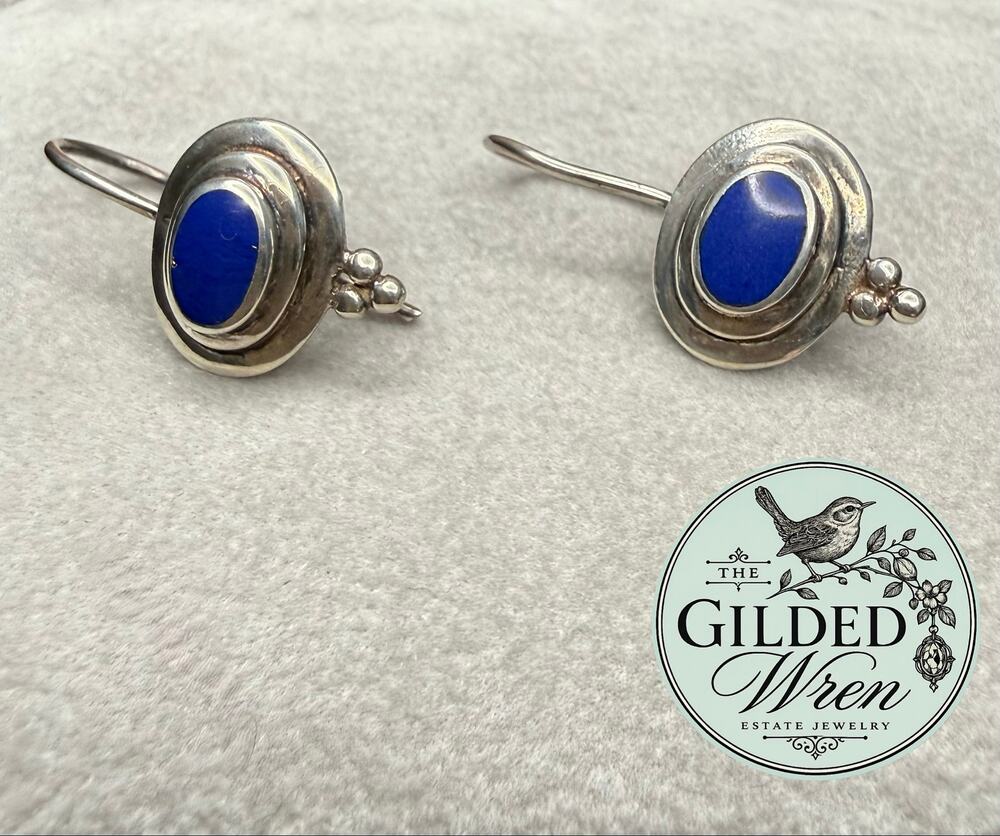Sterling Silver Lapis Earrings Boho Oval Cabochon Dangle Drop Pierced